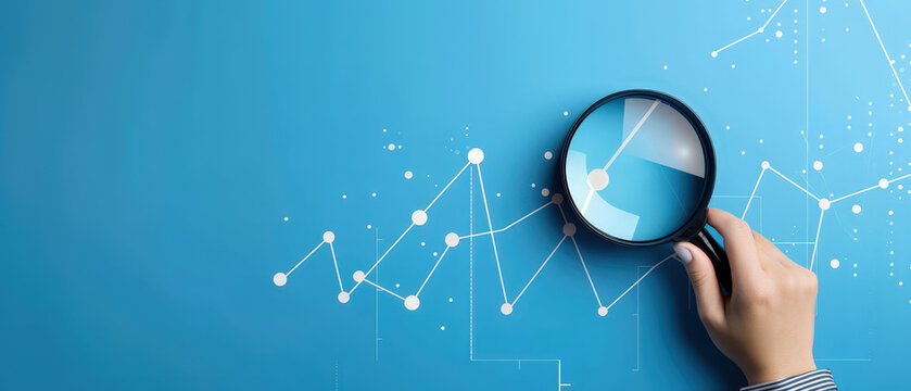 Hand holding magnifying glass highlighting rising chart on blue background, symbolizing data analysis, financial growth, performance review, research insight and strategic decision making. - Powered by Adobe