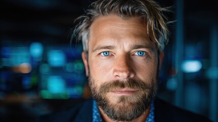 A close-up portrait of a confident man with striking blue eyes and a well-groomed beard, set against a contemporary backdrop, exuding charisma and professionalism.