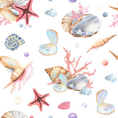 Sea pattern seamless of seashells, starfish, murex, pearls, corals, polyp, nautilus, spiral shells. Underwater world clipart. Hand-drawn watercolor illustration for sea, ocean-themed designs, textile