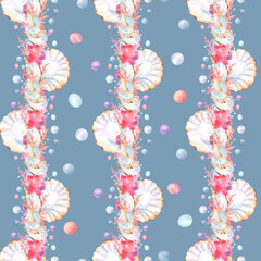 Seamless pattern of vertical shells borders, colorful pearls, pink corals on blue background. Sea life clipart. Hand-drawn watercolor illustration for ocean-themed design, wrapping paper, wallpapers