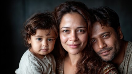 A heartwarming family portrait featuring a mother, father, and child, encapsulating the beauty of familial bonds and the joy of shared moments together, exuding love and warmth.