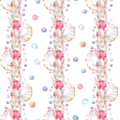 Seamless pattern of vertical shells borders, colorful pearls, pink corals, underwater creatures. Sea clipart. Hand-drawn watercolor illustration for ocean-themed design, wrapping paper, wallpapers