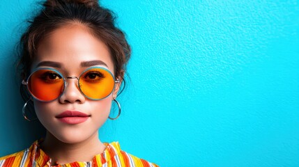 A striking portrait of a stylish young woman wearing vibrant orange sunglasses against a bright blue background that enhances her fashion sense and unique personality.