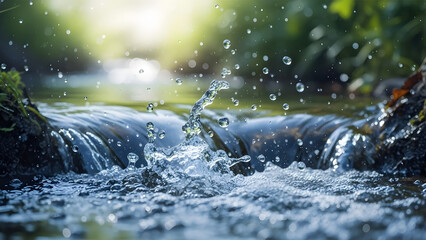 Serene waterfall in a lush green forest with sunlight filtering through