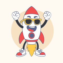 Obraz premium Cute groovy cartoon rocket mascot with sunglasses, retro illustration for space exploration and startup concepts.