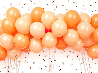 A vibrant bunch of orange balloons floating in the air with confetti