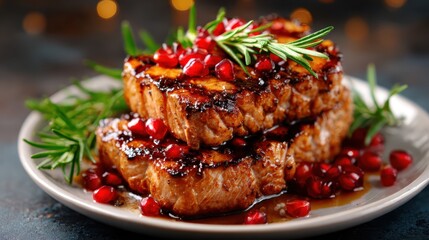 An appetizing meat dish beautifully plated with pomegranate seeds and herbs, creating an inviting culinary masterpiece that tempts taste buds and enhances dining experiences.
