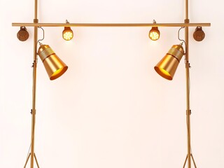 A stylish gold lighting fixture with warm-toned lamps against a plain background