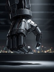 Artistic metallic mechanical hand holding luminous crystal futuristic design