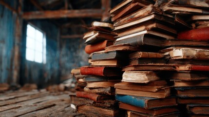 A nostalgic collection of old, dusty books stacked haphazardly in a weathered barn, evoking feelings of history, knowledge, and the beauty of forgotten stories.