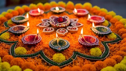 Traditional Indian rangoli with lit diya oil lamps and marigold flowers for Diwali festival celebration