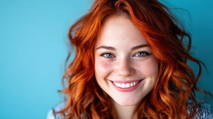 Fototapeta premium A vibrant portrait of a young woman with flowing red curls and a joyful smile, against a soft blue background, radiating positivity and warmth through her expressive eyes.