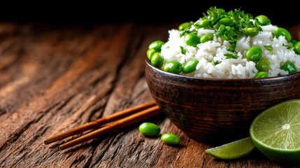 A vibrant bowl of rice topped with fresh green peas and herbs, complemented by a lime wedge, showcasing a perfect blend of taste and health in a rustic setting.