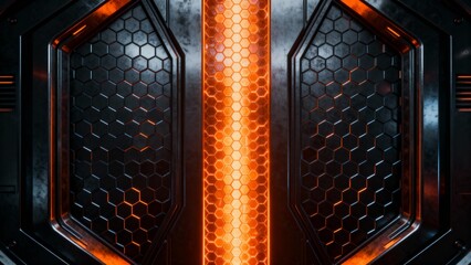 Futuristic Dark Metallic Hexagon Background With Orange Neon Glow