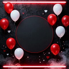 Modern happy birthday card with red and white balloons neon frame on dark background