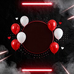 Modern happy birthday card with red and white balloons neon frame on dark background