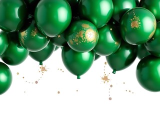 A bunch of green balloons with gold confetti on a white background