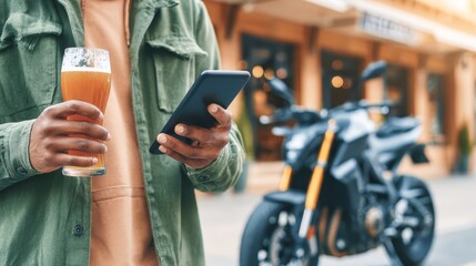 Man holds cell phone and drink in hand person holds mobile device and beverage appearing relaxed
