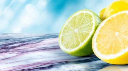 Close up features bright lemons and one green lime fresh yellow lemons and green lime are shown in detail