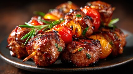 A delicious plate of grilled meat skewers featuring juicy steak pieces and sweet cherry tomatoes, garnished with fresh herbs for a mouthwatering meal experience.