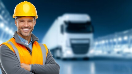 Smiling man in yellow hard hat and safety vest worker with protective gear smiling for camera