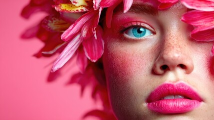 A captivating close-up photograph of a model adorned with pink flowers, highlighting her stunning blue eyes and lush lips that convey beauty, elegance, and femininity.