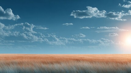 Golden wheat field glows under expansive blue sky field of mature wheat basks in vibrant clear sky