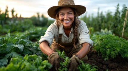 A cheerful woman in a straw hat cultivates a verdant garden, showcasing her dedication to sustainable farming and the joy of connecting with nature and plants for a bountiful harvest.
