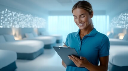Woman in blue shirt holds tablet woman wearing blue shirt engages with tablet device