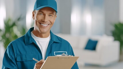 Smiling man in blue uniform holds clipboard he displays friendly demeanor while carrying work accessory