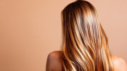 Fototapeta premium A striking back view of a woman with flowing, long hair set against a soft, neutral background, showcasing natural beauty and elegance in a minimalist aesthetic.