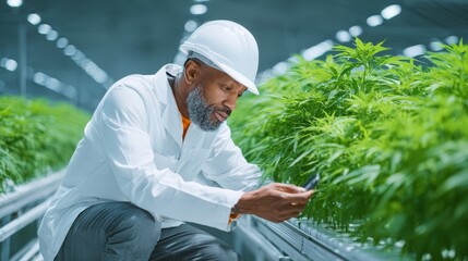 Man in white shirt and hard hat examines cannabis plant worker inspects cannabis plant ensuring its healthy growth
