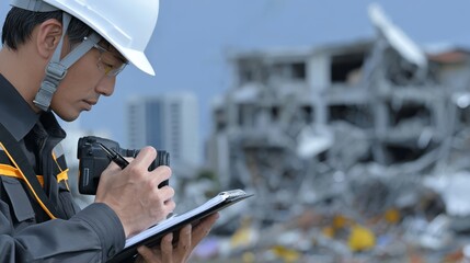 Construction worker views data on digital tablet professional uses digital device for on site analysis