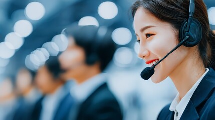 Woman converses using headset device woman communicates via headset actively talking on phone