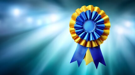 Blue and yellow ribbon featuring smaller blue ribbon layered ribbon design in blue and yellow with blue element