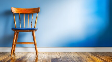 Chair positioned against blue wall solitary chair placed before clear blue wall