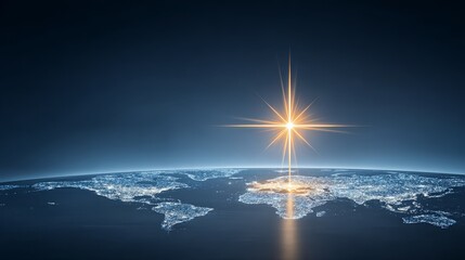 Bright star illuminates planet earth from space celestial body emits light casting glow upon earth