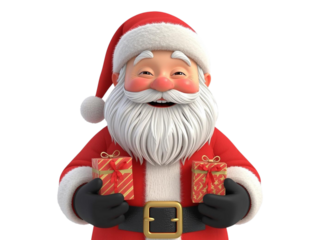 A fun cartoon illustration of Santa Claus with a red hat and beard holding a bag of holiday gifts by a decorated Christmas tree for a winter celebration