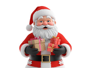Fototapeta premium Happy Santa Claus in a red hat and cap carries a cute Christmas gift box and toys for a snowy winter holiday celebration in December