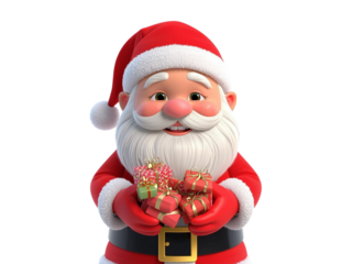 A happy Santa Claus wearing a red hat and cap holds a gift box present for a fun Christmas winter holiday celebration with toys and decorations during the December Xmas season