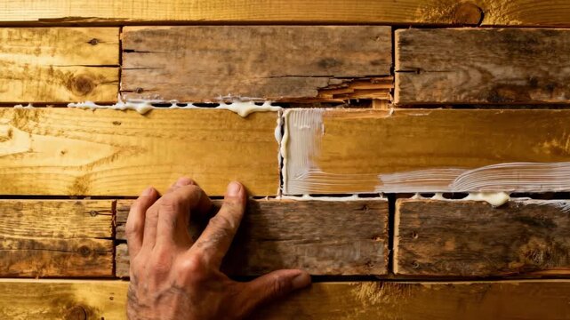 Skilled hands applying glue to reclaimed wood panels carefully aligning pieces for authentic wall repair