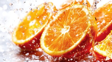 Fresh oranges are splashed in water, creating an explosive scene of colorful droplets that captures the essence of freshness and vitality.
