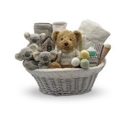 Charming Blue Baby Gift Basket with Koala Plush Toys , Little Koalas and Floral Accents Rose-Shaped Cloths  Cut-Out Clipping Path With Adobe Photoshop Pen Tool . PNG Transparent Gift Box Toy Hamper