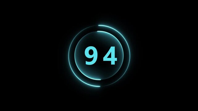 Glowing Cyan Number 94 Inside Neon Circle On Black numeral digit