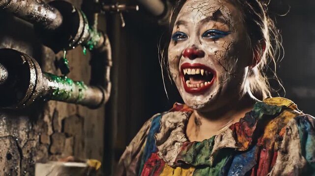 Cracked face performer drinking from broken teacup horror scene