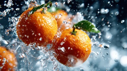 An action shot of juicy oranges splashing in water, capturing the essence of freshness and vibrancy, perfect for lifestyle and health themes in culinary and organic content.