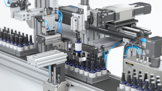 Automatic pharmaceutical production line: a robotic machine with pneumatic grippers labels glass bottles on a moving conveyor belt. 3D render