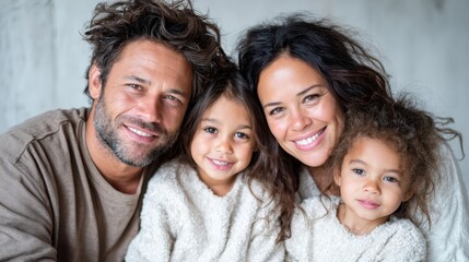Obraz premium A delightful family portrait capturing the warmth and love shared between parents and their two children, showcasing genuine smiles in a comfortable, intimate environment.
