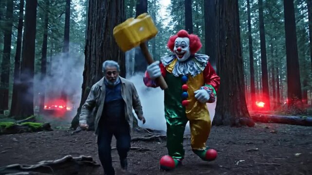 Urgent Escape Clown and Man Running in Dark Forest Smoke