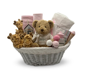 Charming Blue Baby Gift Basket with Koala Plush Toys , Little Koalas and Floral Accents Rose-Shaped Cloths  Cut-Out Clipping Path With Adobe Photoshop Pen Tool . PNG Transparent Gift Box Toy Hamper